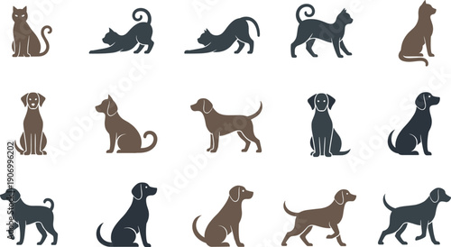 Cat and dog silhouette icon set featuring sitting, walking, and playful pet poses for animal design and branding in flat vector style