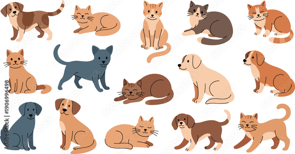 Obraz premium Cute cat and dog illustration icon set featuring playful pets, sitting and lying poses, friendly animals, and charming cartoon characters in flat vector style