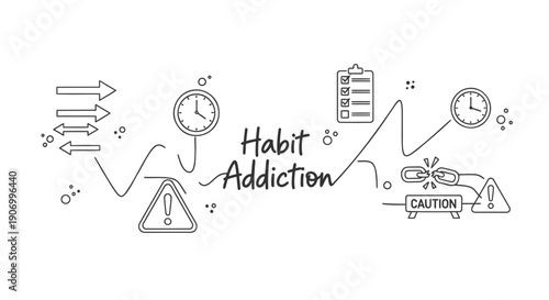 Habit addiction concept illustration with clocks, warning signs, and caution tape, for presentation or website, vector