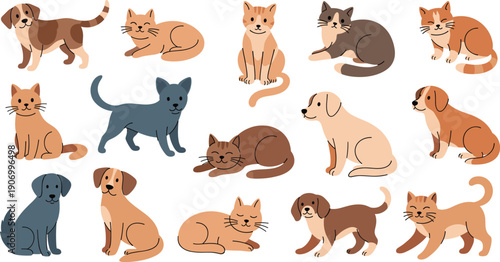 Cute cat and dog illustration icon set featuring playful pets, sitting and lying poses, friendly animals, and charming cartoon characters in flat vector style