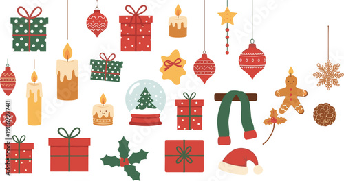 Christmas holiday icon set featuring festive gifts, candles, ornaments, wreaths, winter decorations, and traditional seasonal symbols in cheerful flat vector style