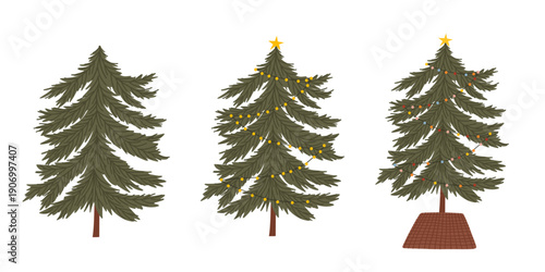 Christmas trees illustration set. Set of three Christmas tree illustrations for festive winter design compositions. Vector hand drawn illustration.