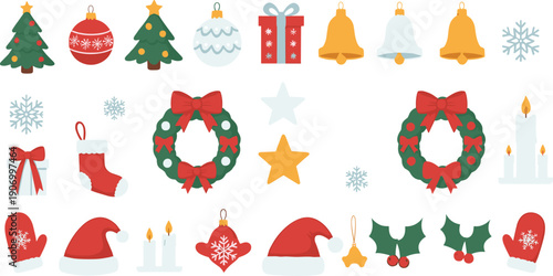Christmas holiday icon set featuring festive decorations, wreaths, bells, candles, ornaments, winter symbols, and traditional seasonal elements in cheerful flat vector style