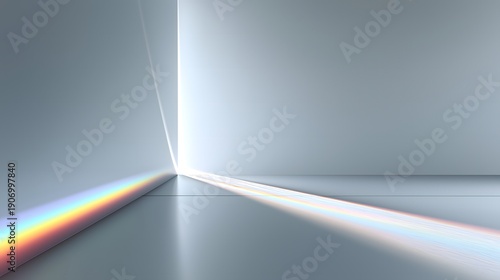 A pristine interior with smooth reflective surfaces, a streak of light breaking into a prism effect with vibrant spectrum colors across a minimalist space, creating a modern and serene atmosphere