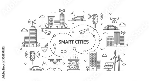 Smart city vector illustration with icons and buildings, for website or presentation background