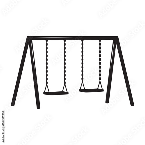 Black metal swing set with two swings, playground equipment, isolated on transparent background,