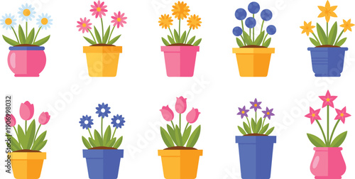 Colorful potted flower icon set featuring blooming plants, garden flowers, decorative pots, and cheerful floral elements in flat vector style