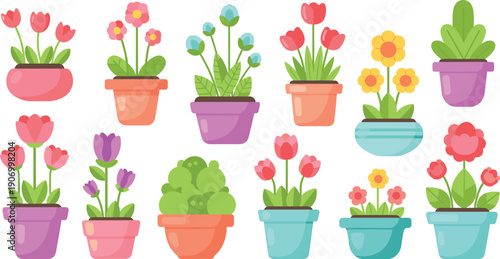 Cute potted flower icon set featuring blooming plants, colorful floral arrangements, decorative garden pots, and cheerful nature elements in flat vector style