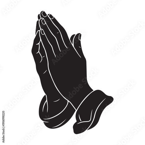 Praying hands in clasped gesture with white outline on black icon design graphic drawing isolated a vector black shilhoutte illustration