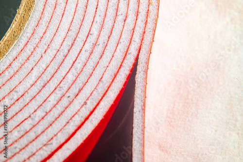 Fotografie Macro Closeup Adhesive Tape Roll Spiral Edge Revealing Fibrous Crepe And Cardboa
