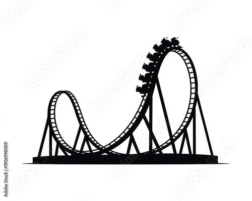 A black silhouette of a roller coaster with cars on a white background