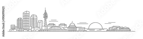 Monochrome city skyline at sunset with iconic urban landmarks