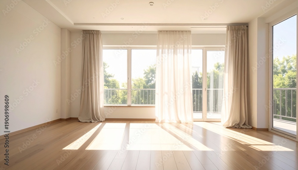 Fototapeta premium Bright empty room with large windows and wooden floor natural light
