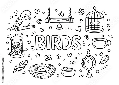 Monochrome bird doodles with parrot, cage, and nest elements
