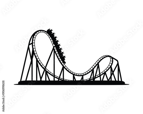 A black and white illustration of a roller coaster in motion on a plain background