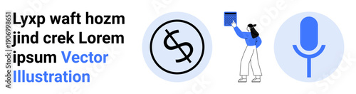 Finance, communication, education, presentation, auditory learning, digital tools. Circular dollar sign, person holding book and microphone icon in blue tones. Finance and communication concepts