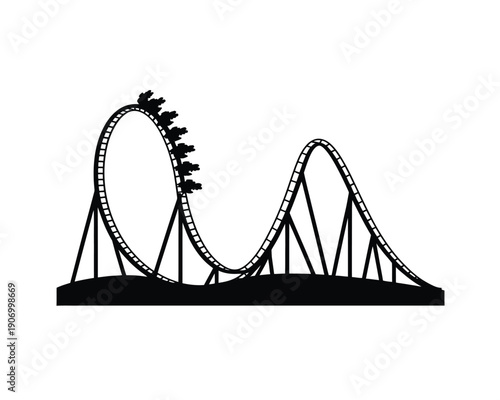 A black silhouette of a roller coaster with riders on a white background