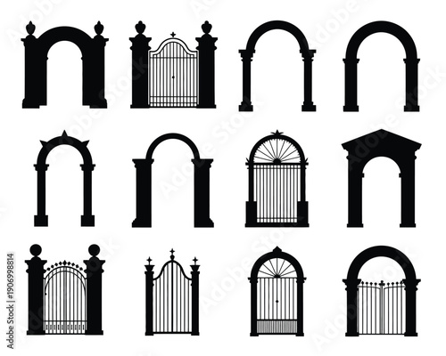 A collection of various black silhouettes of arches and gates on a white background