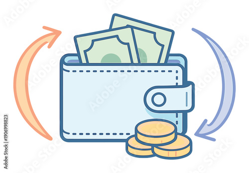 Colorful neon wallet with cash and coins on grey gradient background