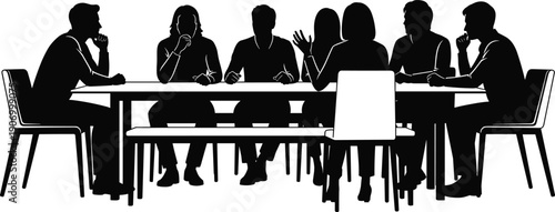 Business meeting silhouettes professional team collaboration discussion around conference table black vector illustration isolated on white background modern corporate office