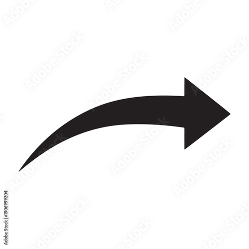 Black curved arrow pointing right on white background icon design graphic drawing isolated a vector black shilhoutte illustration