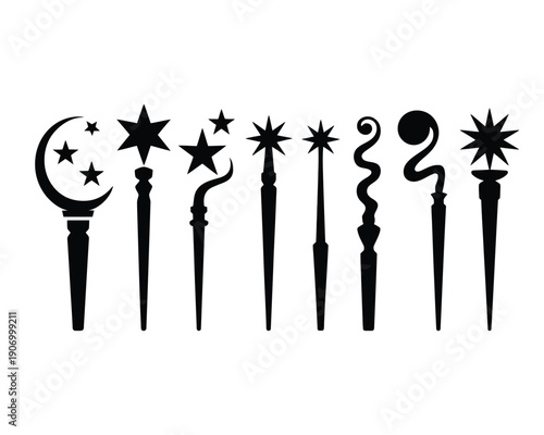 A collection of magical wands with various star and moon tips on a white background