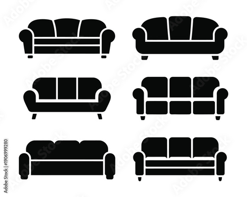 A collection of black silhouettes of various sofas on a white background