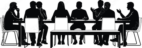 Business meeting silhouettes team discussion conference table professional people collaboration black vector illustration isolated on white background corporate workplace scene