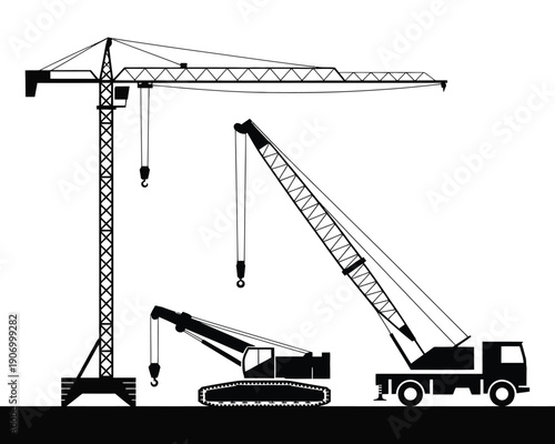 A black and white illustration of three construction cranes on a plain background