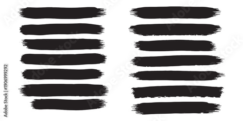 Vector set of black hand-painted grunge brush strokes, collection of long textured ink smears and distressed paint stripes for creative design.