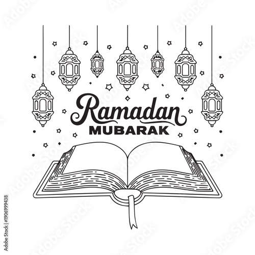  Ramadan Mubarak Holy Book Quran With Hanging Lanterns And Stars Line Art. 