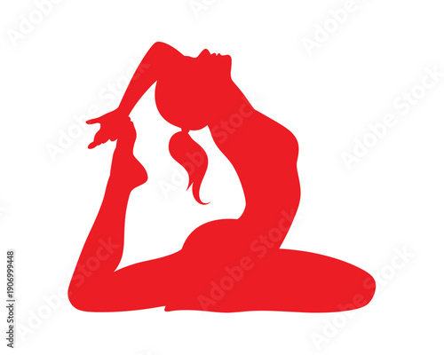 A woman in a red yoga pose on a white background