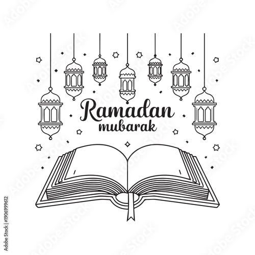  Ramadan Mubarak Holy Book Quran With Hanging Lanterns And Stars Line Art. 