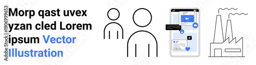Social interaction, digital communication, technology use, industry operations, mobile apps, workplace strategy. You see icon people, a phone and a factory. Social interaction and digital