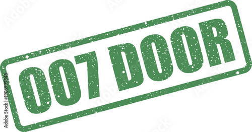 Rectangular distressed stamp mark featuring the text 007 DOOR with a vintage texture, presented at an angle