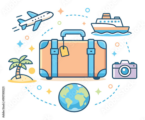 Colorful travel icons with suitcase, airplane, cruise ship, and palm island