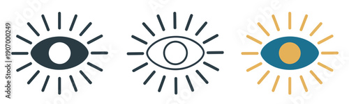 Clarity Three Eye Inside Simple Sunburst Circle, mystical symbol featuring a third eye, elegant sunburst design, blue and gold color scheme, spiritual vision, enlightenment, and symbolic vector