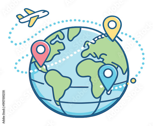 Global travel adventure: airplane journey and map pointers on world globe