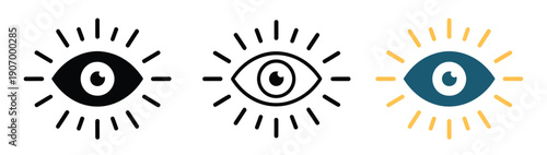 Clarity Three Eye Inside Simple Sunburst Circle, spiritual emblem showing the third eye within a minimalist sunburst circle, highlighted in blue and gold tones for meditation, intuition