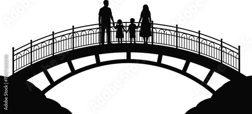 Family silhouette standing together on arched bridge parents and children bonding black vector illustration isolated on white background stock design