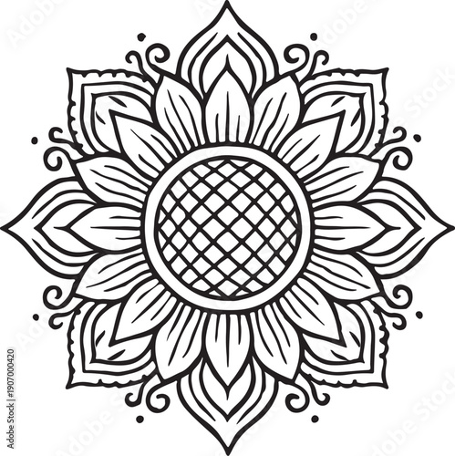 Bright sunflower mandala with symmetrical geometric floral pattern, representing positivity, energy, and joy, suitable for home decor, t-shirt prints, and digital artwork.