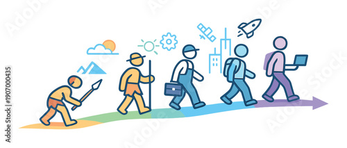 Evolution of technology and human progress depicted in colorful illustrative stages