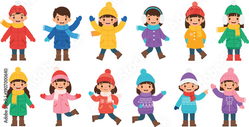 Cute winter kids character icon set featuring boys and girls wearing colorful warm clothes, hats, scarves, and joyful poses in flat vector style