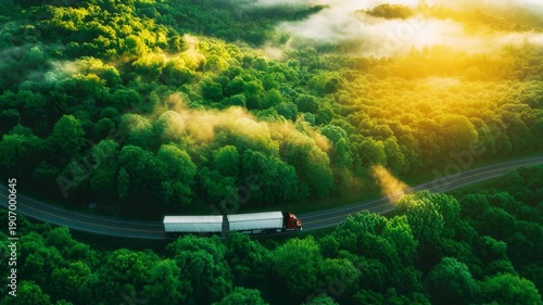 Aerial view of a truck navigating a winding road through lush green forest.