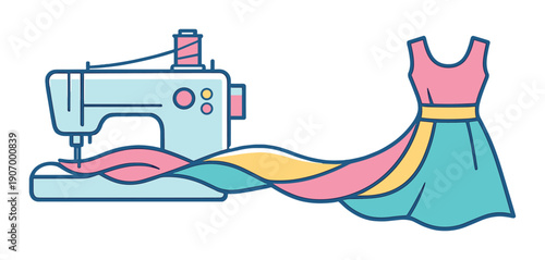Colorful sewing machine and dress icon with gradient background