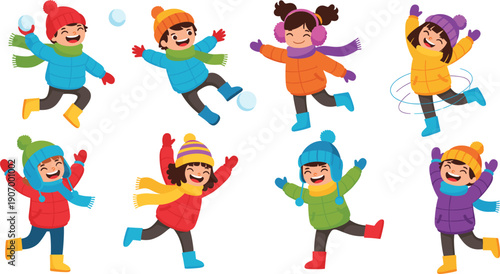 Cute winter kids character icon set featuring happy children playing in snow, wearing warm clothes, scarves, hats, and joyful poses in flat vector style