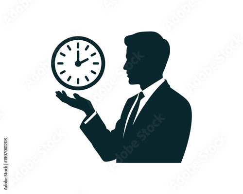 A silhouette of a businessman holding a clock in his hand, representing time management and punctuality.