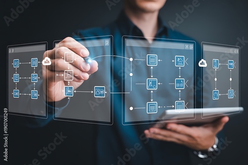 AI workflow automation concept. artificial intelligence software, Businessman uses AI Agent with Coding flow process technology, interface nodes triggers data tools
