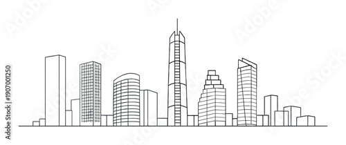 Modern cityscape silhouette with skyscrapers and high-rise buildings