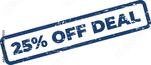 Rectangular grungy stamp text presenting a twenty five percent off deal for various consumer purchases